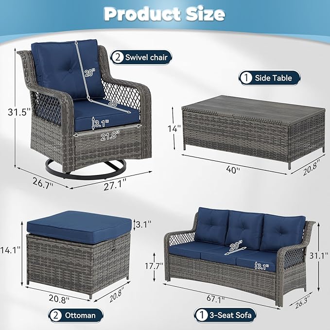 6 Pieces Wicker Patio Furniture Set Conversations Sets, 2 Outdoor 360° Swivel