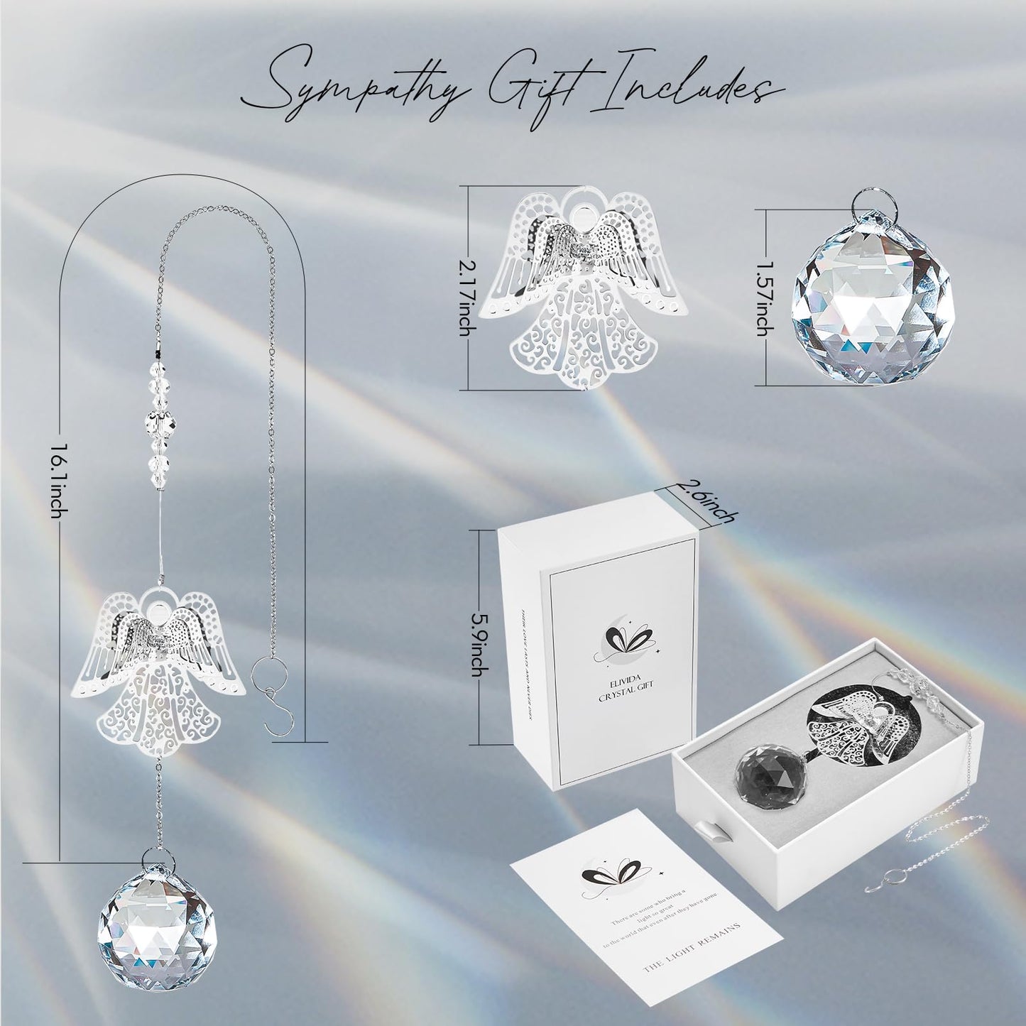 Elivida Memorial Modern Sympathy Gift for Loss of Mom - 3D Angel Design Grief Hanging Ornament With 40mm Clear Crystal Ball Rainbow Maker - Bereavement Idea for Women