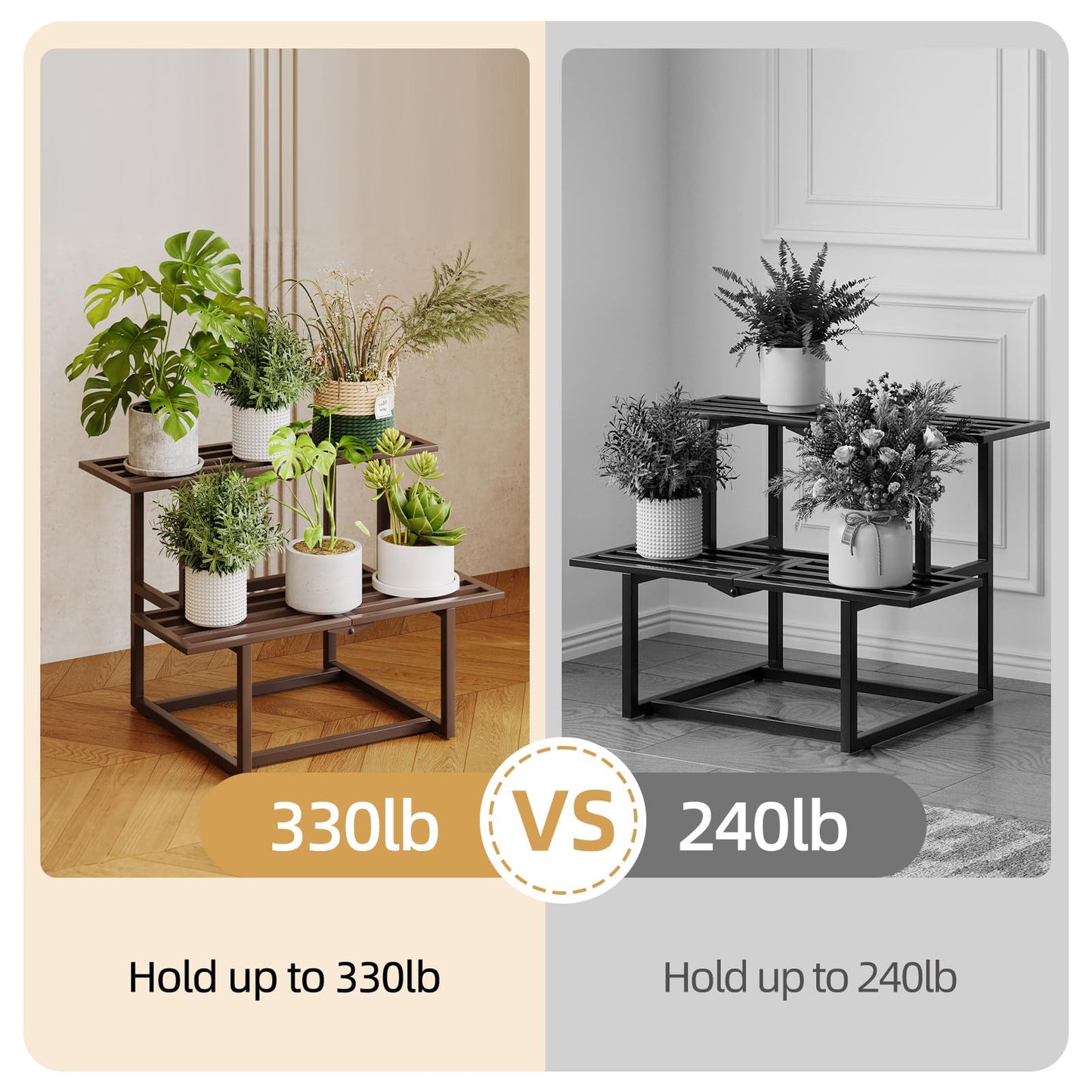 Rioneta Plant Stand Indoor Outdoor, Foldable Metal Plant Shelf for Multiple Pots, Mid Century Slatted Bench for Patio Garden, Heavy Duty Capacity 330 lbs 2 Tier Coffee
