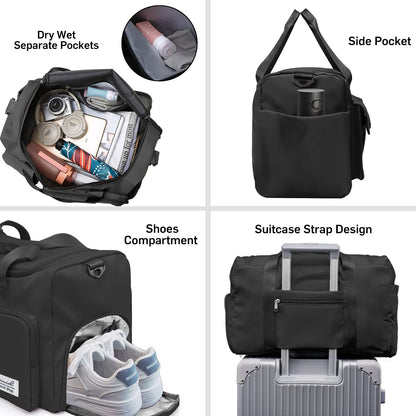 Suruid Sports Gym Duffel Bag with Shoes Compartment and Dry Wet Separated Pocket for Men and Women - Overnight Weekender Training Handbag Yoga Bag - Black