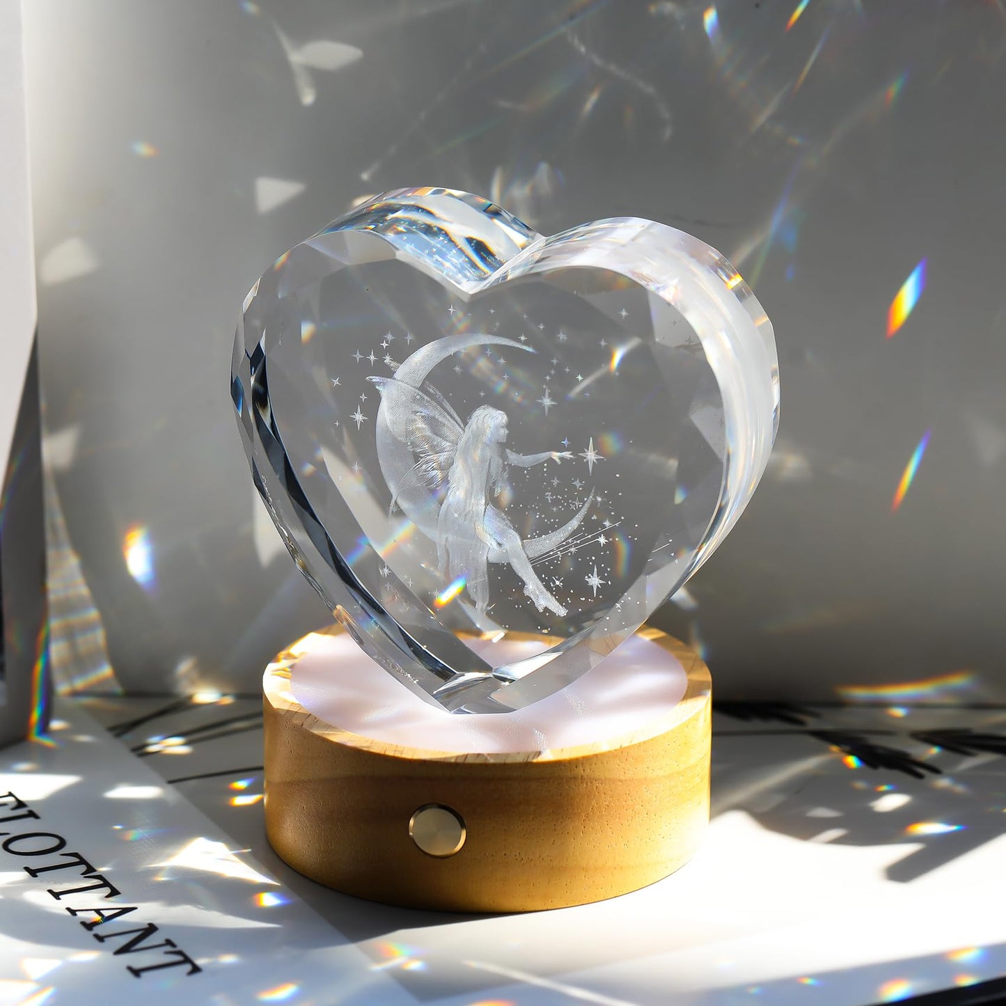 Arikyrist 3D Moon Fairy Figurines Crystal Heart for Women with Wooden Light Base - Glass Statue Witchy Gift for Girls Fairy Lovers Women Collectible Tinkerbell Night Light Home Decor