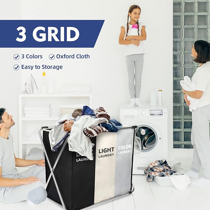 Laundry Cloth Hamper Sorter Basket Bin Foldable 3 Sections