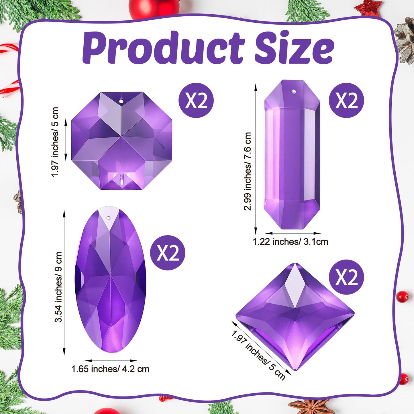 Simgoing 8 Pack Jewel Ornaments 1.2" - 3.5" Crystal Jewel Hanging Decorations for Christmas Tree Glitter Gemstone Ornaments Rectangle Square Oval Rhombus for Home Wedding & Holiday Party Decor(Purple)