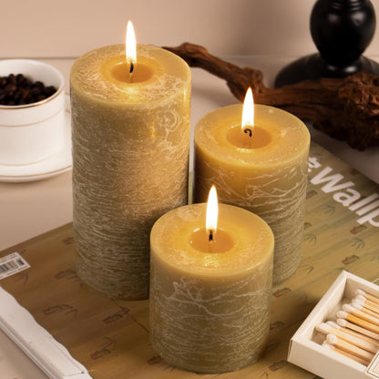 KONNI Wax Yellow Pillar Candles Set of 3, 3"x 4" Unscented Pillar Candles Bulk, 39 Hours Long Burning Candles, Smokeless&Dripless Large Round Candle for Wedding, Home Decoration, Parties, Spas, Dinner
