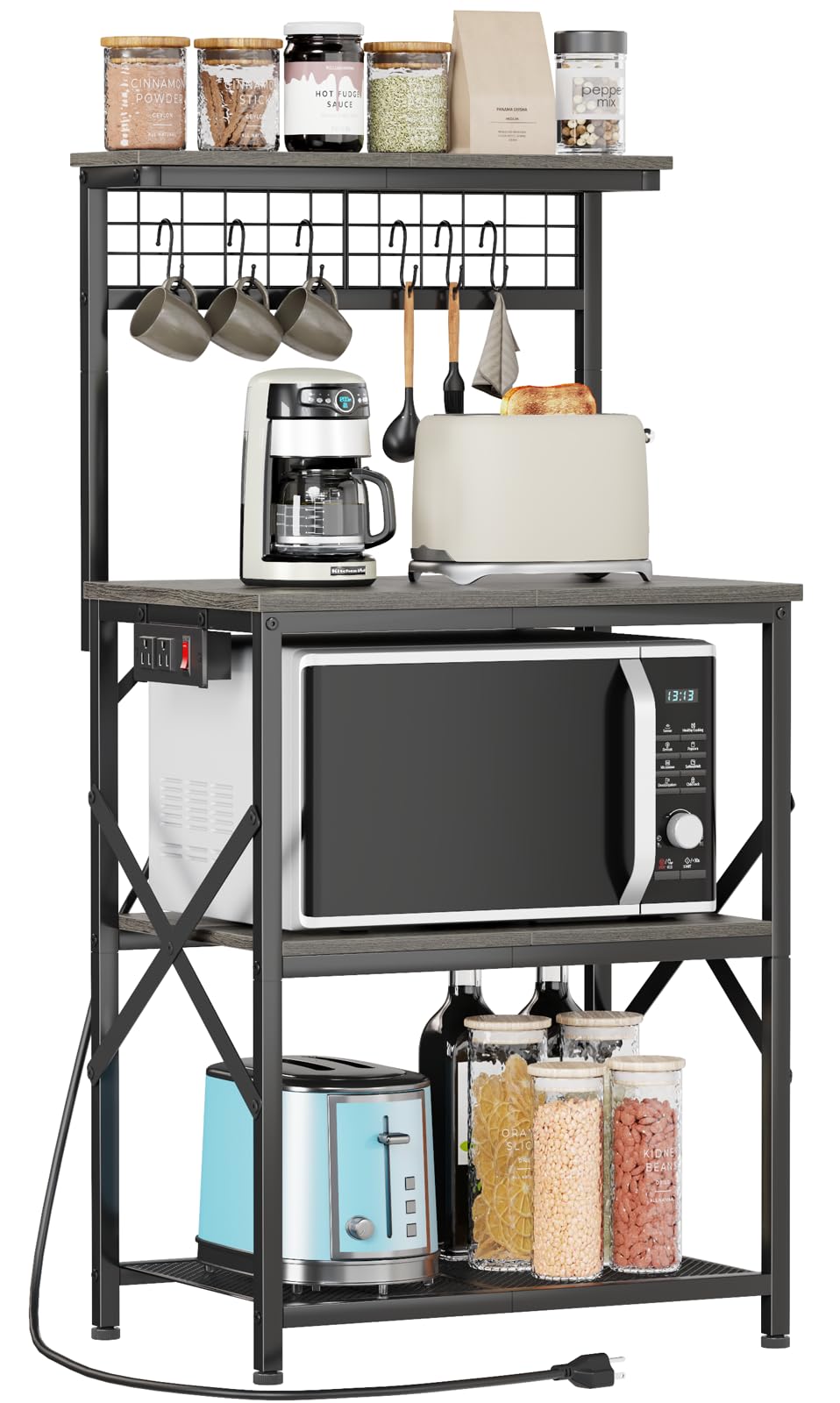 Furologee Kitchen Bakers Rack with Power Outlet, Microwave Oven Stand with Storage 4 Tiers, Coffee Bar Table with 6 S Hooks, Kitchen Storage Shelf Rack for Spices, Pots, Rustic Brown