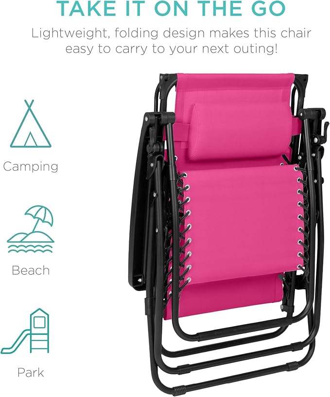 Best Choice Products Folding Zero Gravity Outdoor Recliner Patio Lounge Chair w/Adjustable Canopy Shade, Headrest, Side Accessory Tray, Textilene Mesh - Hot Pink/Black
