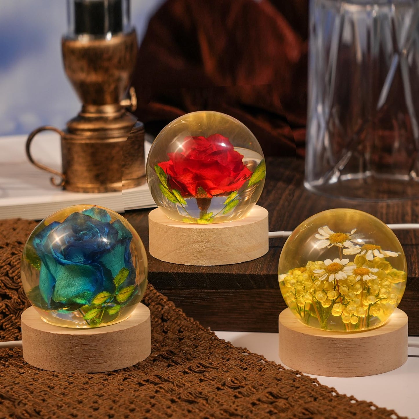 QNCMBUG Blue Rose Crystal Ball Night Light - Real Rose Encased in Glowing Resin Ball, USB-Powered Desk Lamp with Wood Base, Unique Gift for Valentine's Day, Mother's Day & Home Decor