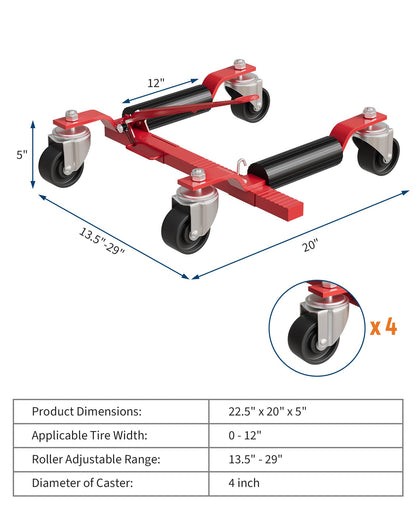 2 Pack 6000 LBS Heavy Duty Car Wheel Dolly Jack Set, Mechanical Vehicle Tire Positioning Mover with Ratcheting Foot Pedal, Auto Repair Moving Kit for Garage Workshop, Red