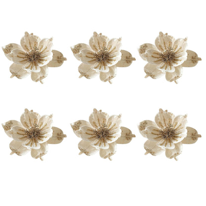 JOYO Christmas Glitter Magnolia Flowers, 10'' Poinsettia for Tree, Easy to Hang Artificial Picks (Cream, 6Pcs)