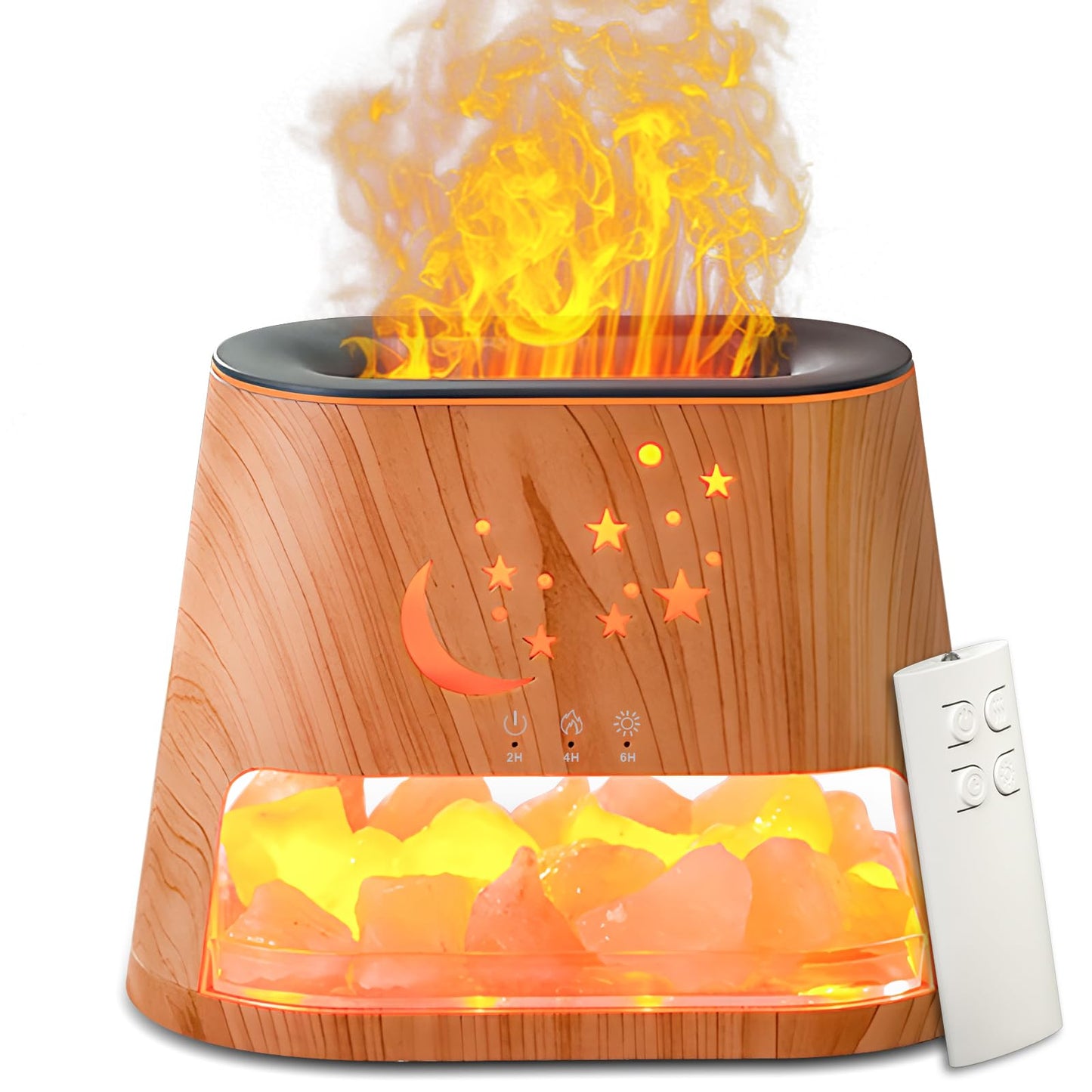 Flame Essential Oil Diffuser & Himalayan Salt Lamp: 260ml Aromatherapy Diffuser & Ultrasonic Cool Mist Humidifier with Himalayan Pink Salt Rock, Remote, 7-Color LED, 3 Timer (Moon Star + Wood Grain)