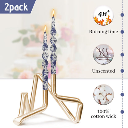 Blue and White Porcelain Taper Candle Handmade Unscented Candlesticks 5 Inch Short Printed Candle Smokelss Candle Sticks for Decor & Gifts Set of 4