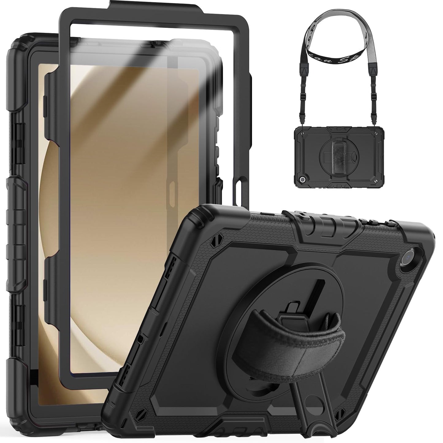 SEYMCY Case for Samsung Galaxy Tab A9+/ A9 Plus 11 Inch 2023, Full Body Shockproof with Screen Protector, 360° Rotating Hand Strap & Stand, Shoulder Strap for Samsung A9 Plus Tablet Case, Black