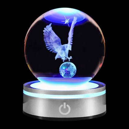 pinyan Eagle Gift 3D Crystal Ball with LED Light Base Unique Decor Glass Figurine Lamps Laser Engraved Nightlight for Best Friend Eagle Lovers Keepsake Paperweight
