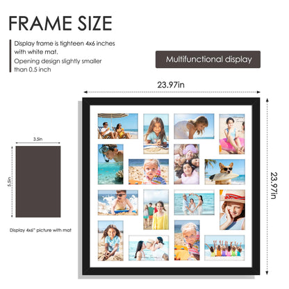 DUENPY 22x22 Picture Frame 4x6 Collage Picture Frame Displays Sixteen 4x6 inch Photos Collage Wall Decor Wall Hanging Black
