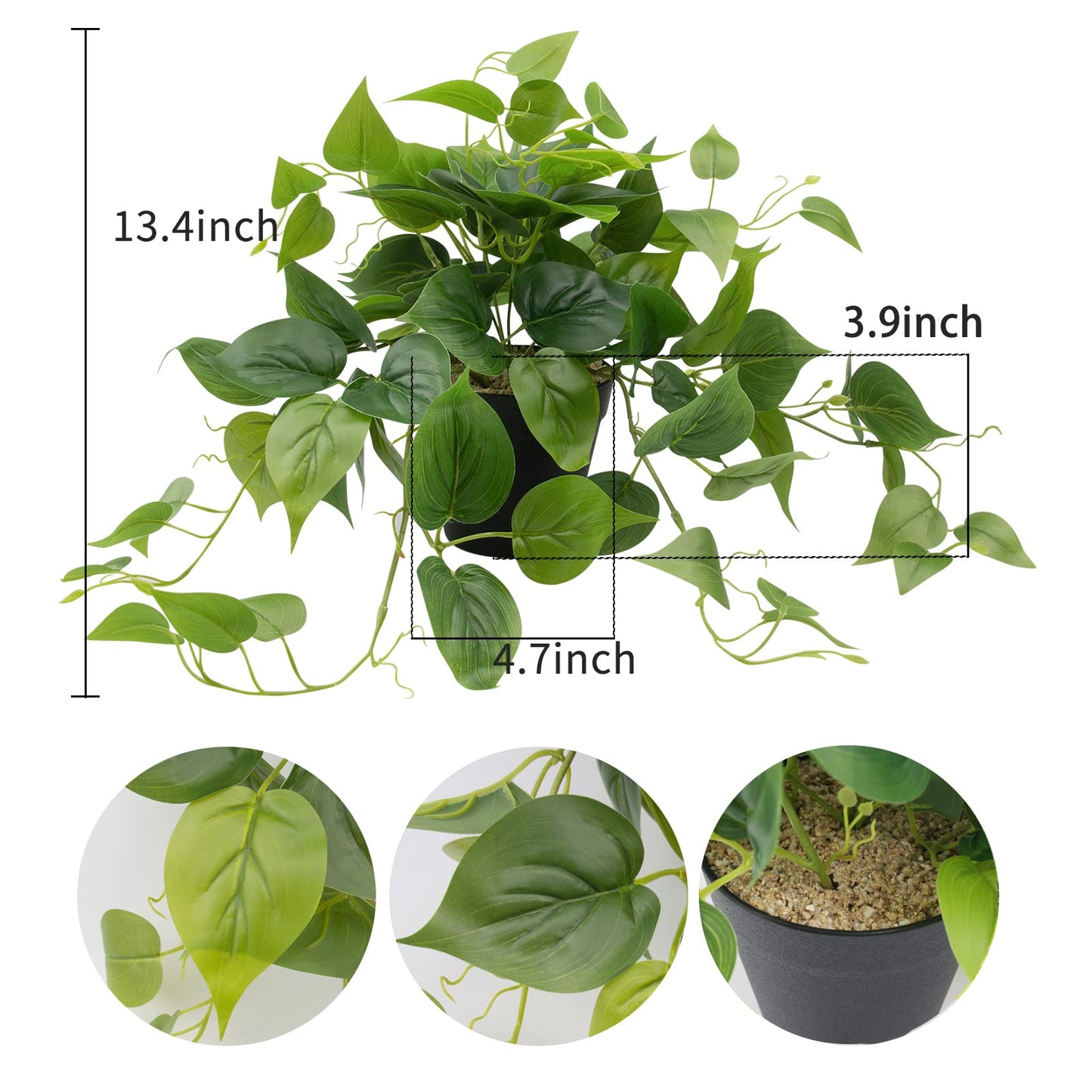 LOYWREE Artificial Scindapsus Aureus Fake Pothos Plants in Black Pots - Realistic Faux Indoor Greenery Potted for Home, Office, Desk, Shelf, Living Room, Bedroom, Balcony, Patio & Garden Decor
