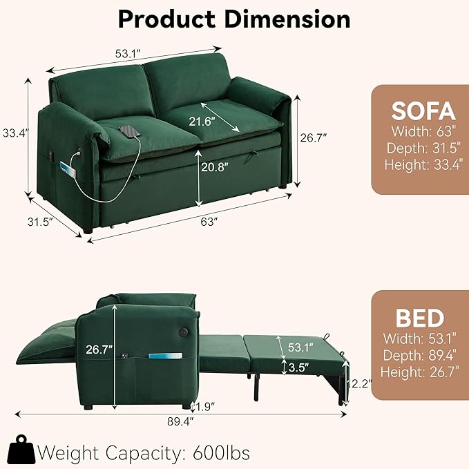 63" Convertible Sleeper Loveseat Sofa Bed, Pull Out Couch Bed