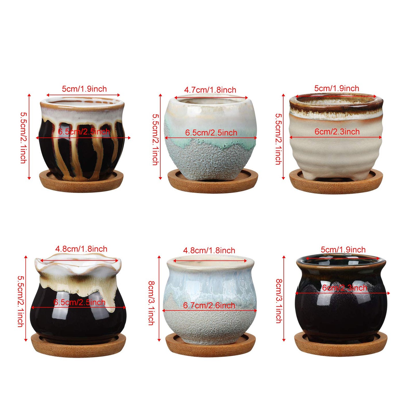 BBTO 6 Set Mini Succulent Pots Bulk with Drainage and Bamboo Tray 2.9 x 3.1 Inch Small Cute Ceramic Succulent Planter Pot Garden Glaze Container Ideal Present for Cactus Office Home Decoration Gift