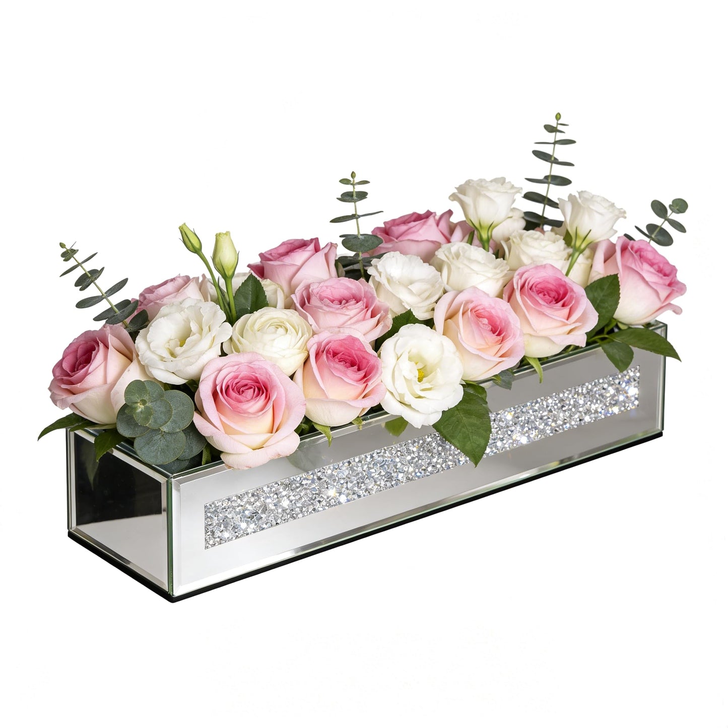 blingworld Flower Vase Rectangular Crushed Diamond Mirrored Vases for Centerpiece, Luxury Flower Arrangement for Home Wedding Dining Table Decor, Silver