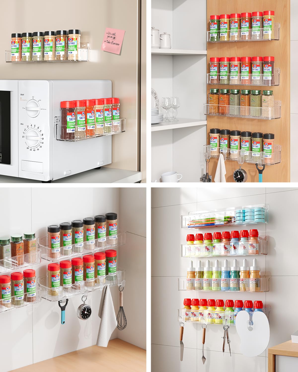Nieifi Spice Rack Wall Mount, 4 Pack, Clear, 2 Inch Wide, Screw or Adhesive Installation, Spice Rack Organizer for Small Spice Jars, Suitable for Kitchen Cabinet or Pantry Door