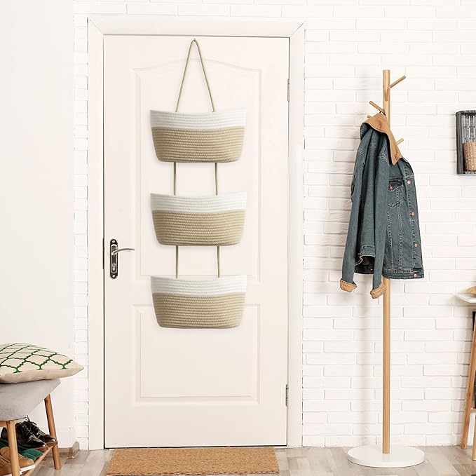 TeoKJ Over the Door Hanging Basket, 3-Tier Woven Cotton Wall-Mounted Storage