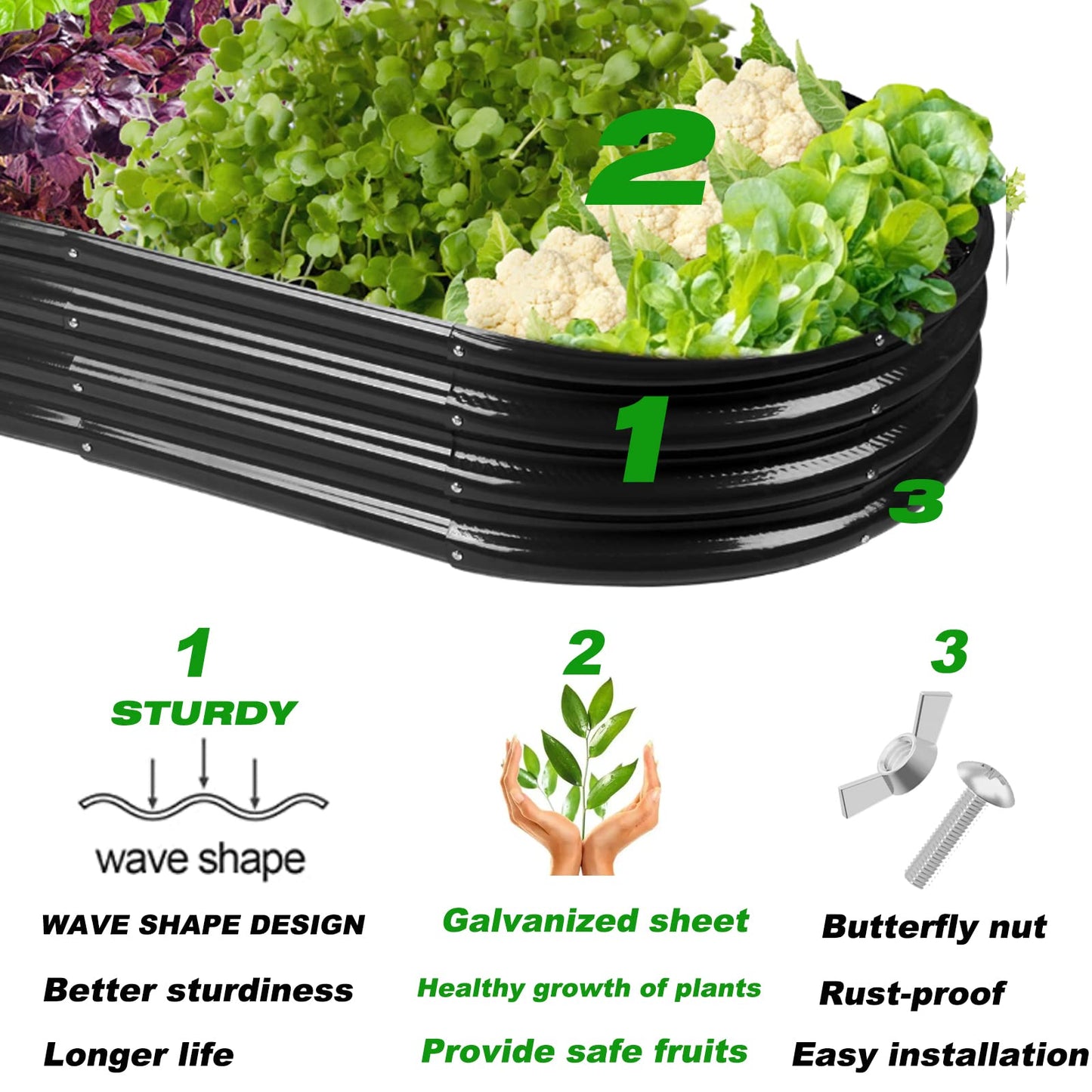 Rakukiri Raised Garden Bed GRS Certified Galvanized Planter Box Outdoor, 5ft Oval Rot-Resistant Metal Garden Bed Planter, Recycled Material Planter for Vegetables Flowers Herbs (Black)