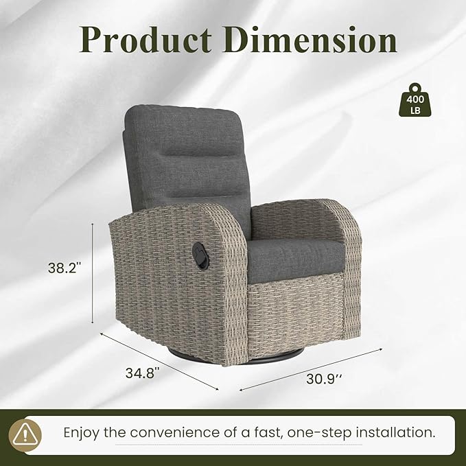 LayinSun Oversized Wicker Outdoor Swivel Glider Recliner with Adjustable Backrest & Footrest, Patio Reclining Lounge Chair - Set of 2