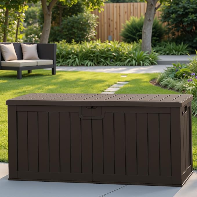 Patiowell 240 Gallon Large Outdoor Storage Box, Waterproof Deck Box with Fixed Divider, Lockable and Durable Patio Storage Solution for Patio Furniture and Garden Tools (Brown)