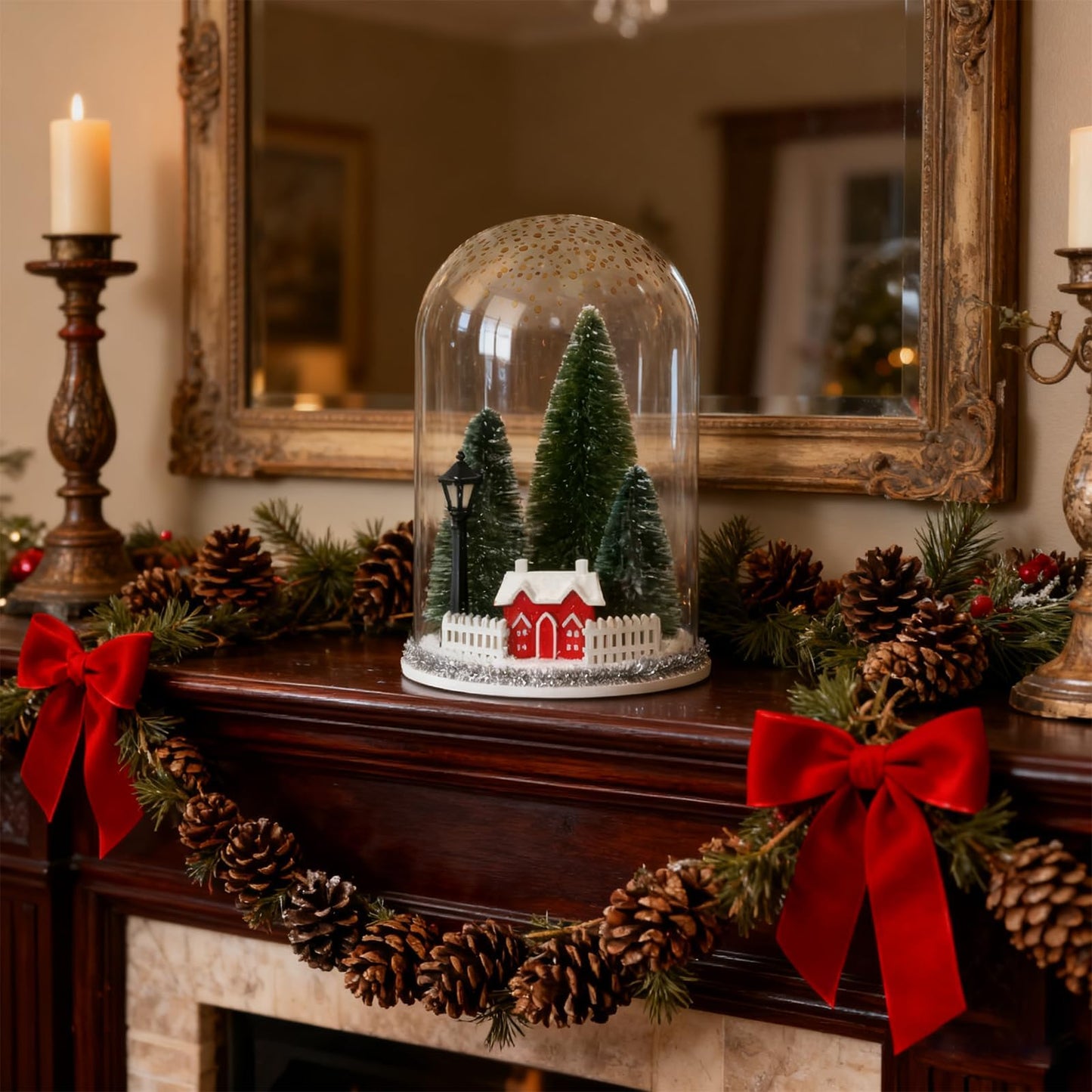 Christmas Decorations Table Centerpieces, Christmas Trees and Red House in Dome Cloche, Xmas Winter Tabletop Decor for Tiered Tray Shelf Mantel Fireplace Coffee Bar Office Desk Holiday Decoration