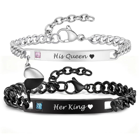 MEALGUET Matching Couple Bracelets for Men Women : Her King His Queen Cuban Link Chain Bracelets Set Jewelry for Boyfriend Girlfriend Husband Wife, Romantic Gifts for Valentines Birthday Anniversary