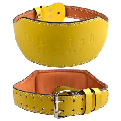 Leather Gym Fitness Belt, 4" & 6" Padded Lumbar Back Support, 10 Adjustable Holes for Weightlifting Powerlifting Bodybuilding Deadlift Squat Workout Strength Training (6-Inch, Yellow, XL (37"-40"))