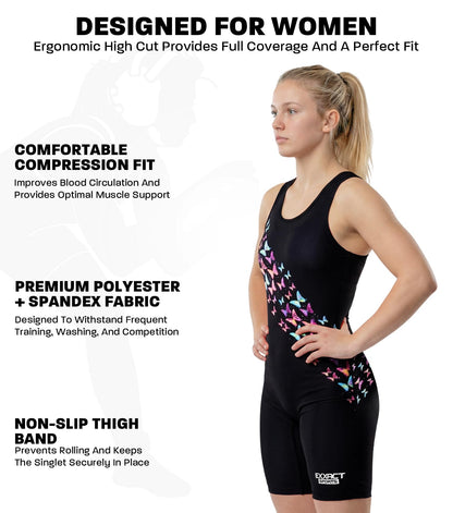 Exxact Sports Sublimated Women’s Wrestling Singlet - High-Cut, Full-Coverage Powerlifting Singlet Women for Competition (Butterfly, AM)