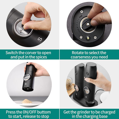 Electric Salt and Pepper Grinder Set, Rechargeable Pepper Grinder with Charger Tray, USB Cable, One Hand Operation, Adjustable Coarseness with Ceramic Grinder (Set of 2,Black)