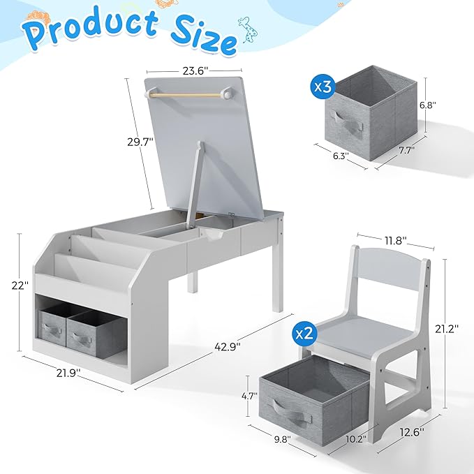 5-in-1 Kids Art Table and Chairs, Toddler Table and Chair Set, Craft Play Desk