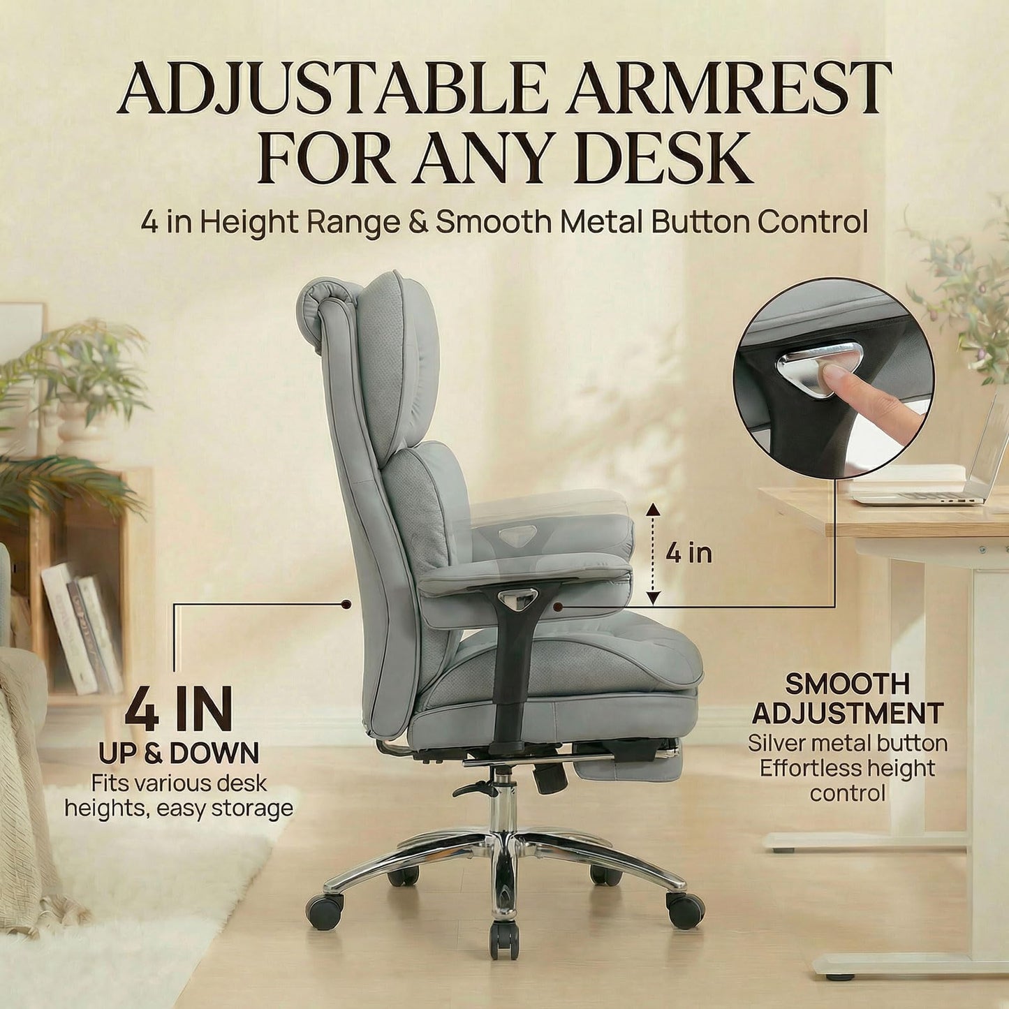 Efomao Big and Tall Desk Chair 400lbs, 22" Extra Wide Executive Office Chair with 3D Armrests & Footrest, Ergonomic Heavy Duty Chair, Light Grey