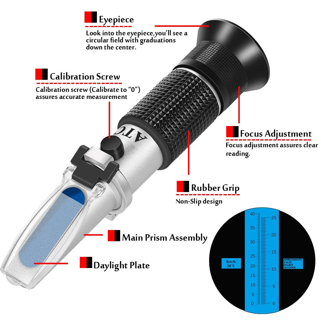Wine Refractometer,V·RESOURCING Hand Held Brix/Alcohol Refractometer with ATC for Wine Making Homebrew Kit, Dual Scale(Brix 0-40%, Alcohol 0-25%)