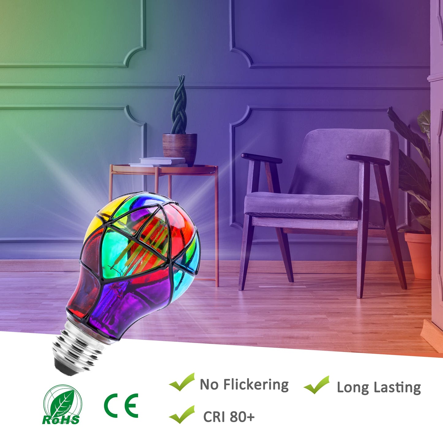 Kitmose 4 Pack Stained Glass Light Bulbs, LED Edison Light Bulb E26 3.5W Replacement Light Bulbs Tiffany Style for Bedroom Living Room Home Christmas Decoration