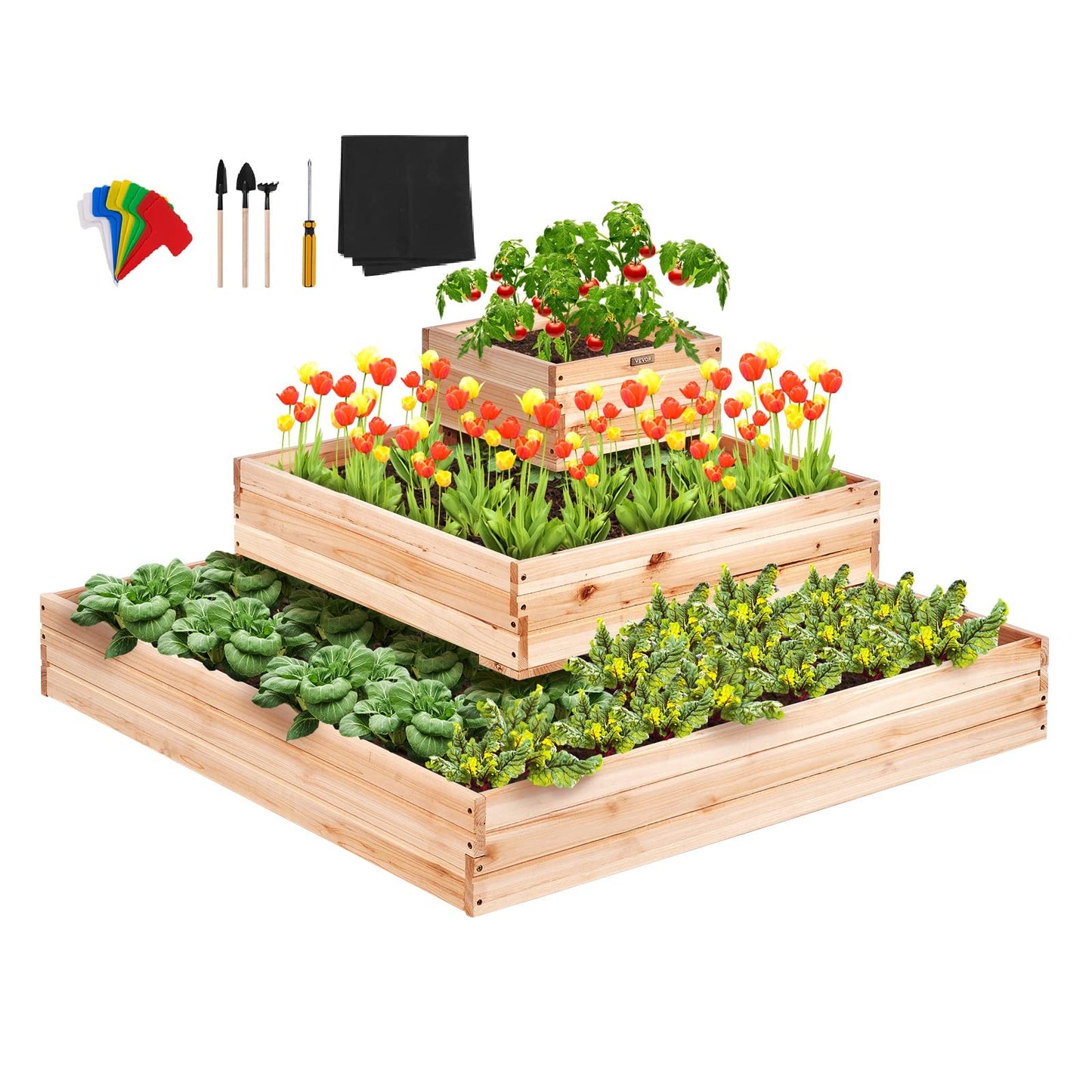 VEVOR 3 Tier Raised Garden Bed Wood Outdoor, 45 x 45 x 20in High End Natural Fir Wood Planter Box, Outdoor Planting Boxes for Flowers/Vegetables/Herbs in Backyard/Garden/Patio/Balcony, with Open Base