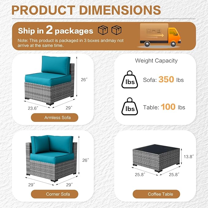 MOCHITO 5 Pieces Outdoor Patio Furniture Sets, All-Weather Sectional Sofa Grey