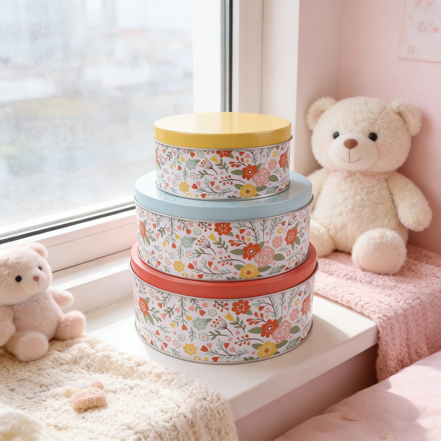 PHILPETY Decorative Flower Storage Box Rural Tin Gift Box Tinplate Candy Cookie Box Round Candy Storage Containers with Lids for Chocolate Candy Tea Coffee Cosmetics Jewelry Photos Gift Case 3Pcs