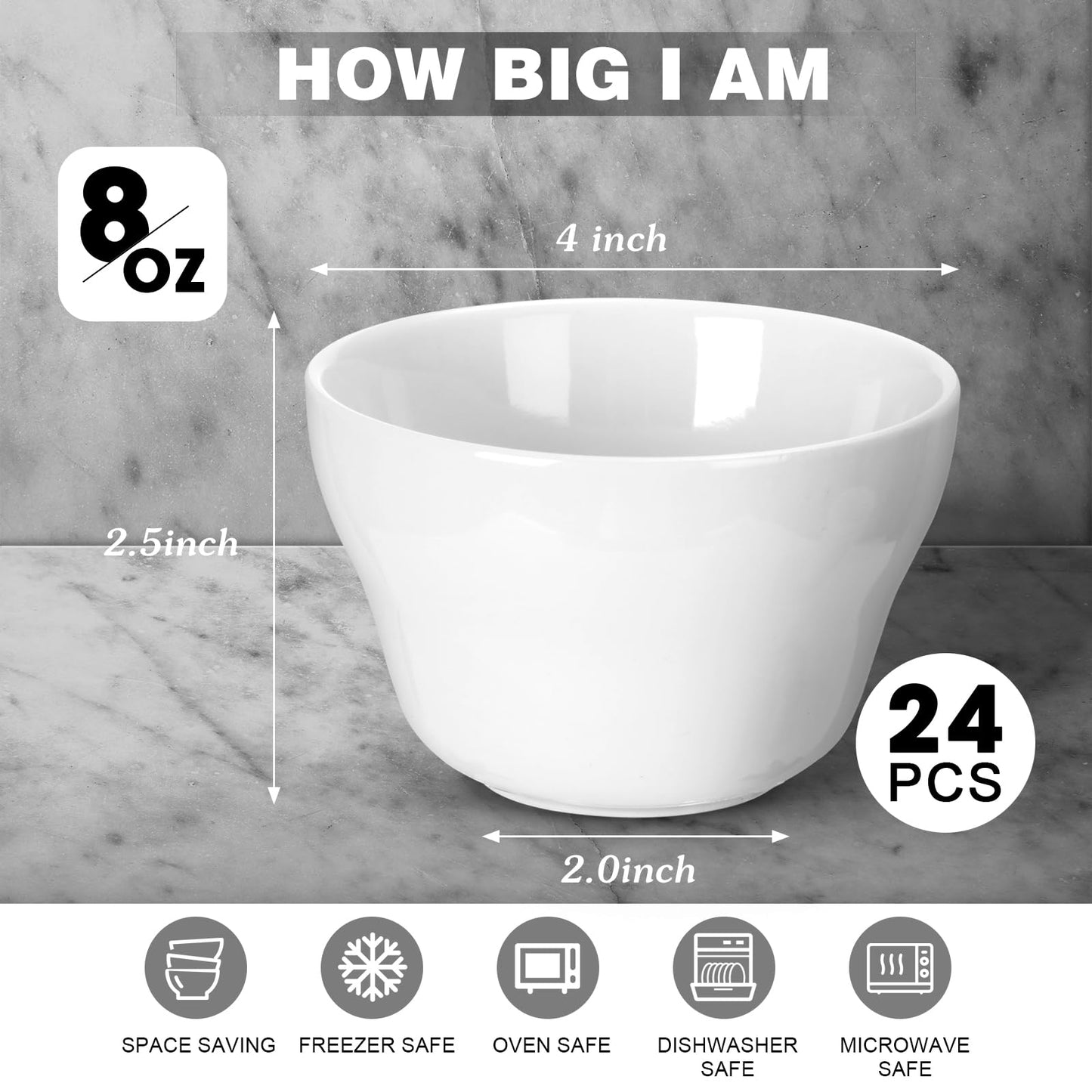 Suclain 24 Pack Porcelain Bowls Set Porcelain Bouillon Cups Small Dessert Bowls Soup Dip Bowl for Ice Cream Dessert Sauce Dipping Salad Cereal Microwave Dishwasher Safe (8 oz,White)