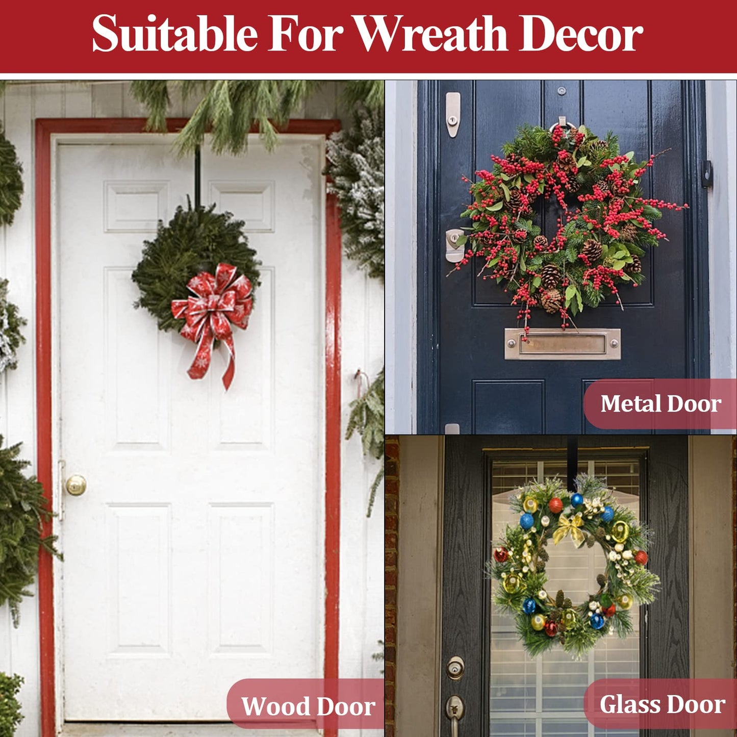 GP Life Wreath Hanger for Front Door, Adjustable from 15 to 25 Inches Hanger, 20 lbs Larger Door Upgrade Christmas Fall Wreaths Decorations Hook (Black)