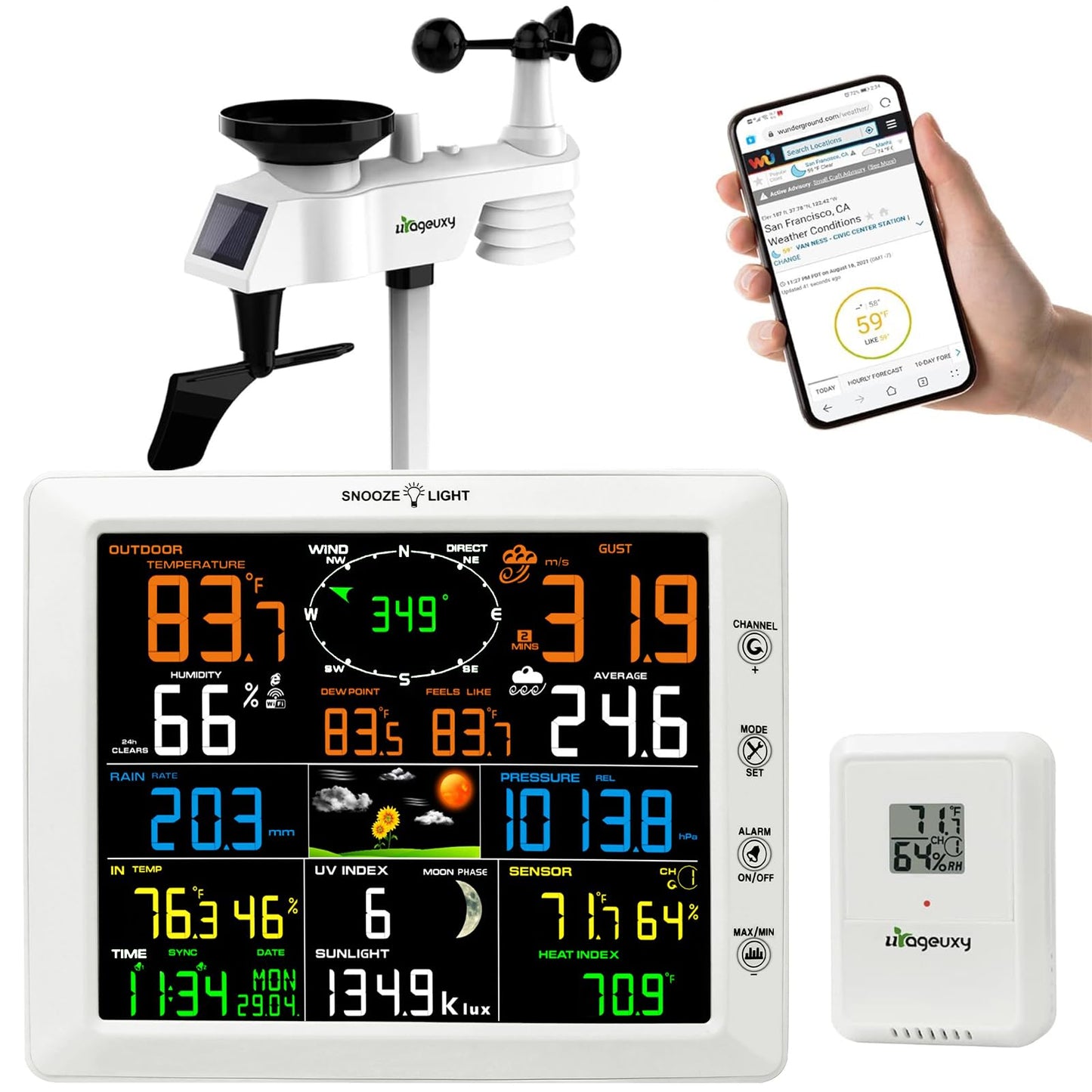 Urageuxy WiFi Weather Station with 8.07 inch Color Display – Wireless Outdoor Sensor Measures Rain Gauge, Wind Speed/Direction, Temperature, Humidity, UV, Forecasts, Barometer