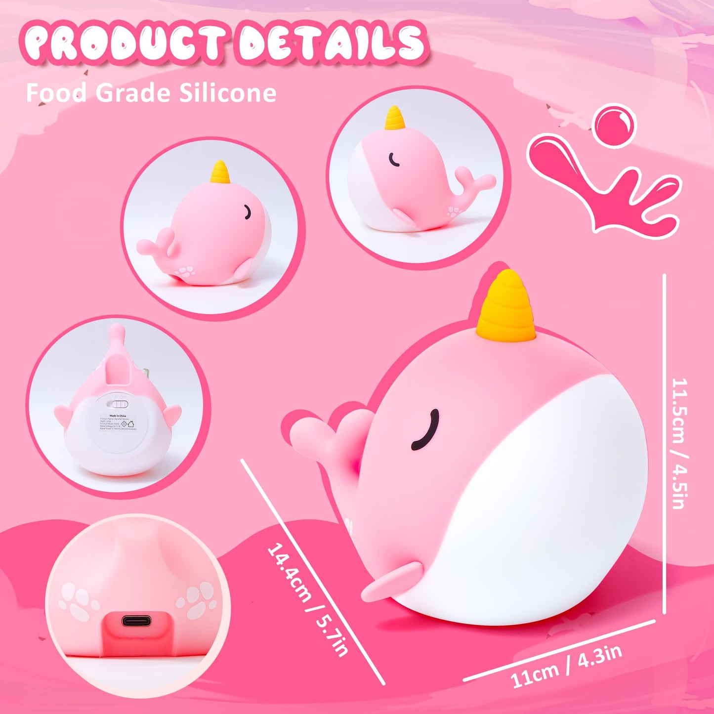 Ammonite Pink Narwhal Night Light, Soft Silicone Whale Nursery Lamp with 3 Dimming Levels and 30-Minute Timer, Touch Control Nightlight for Bedroom Decor, Christmas Birthday Gift