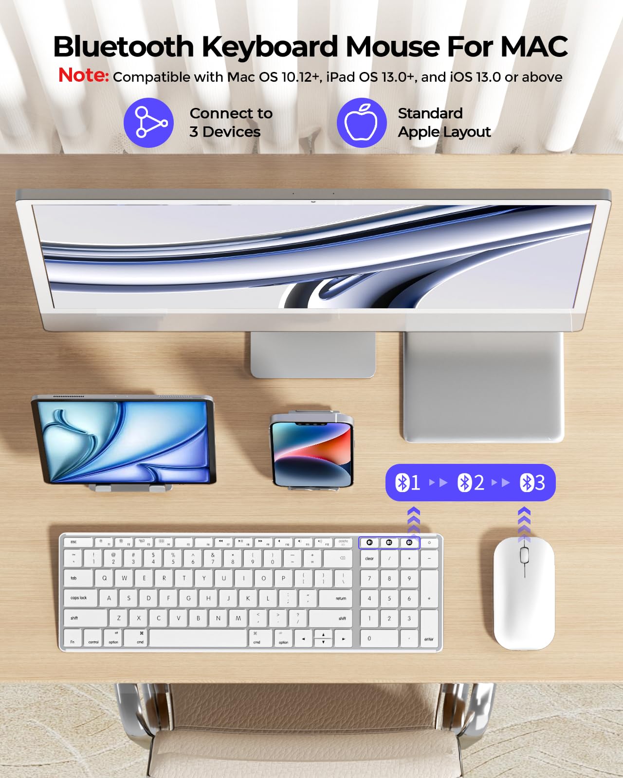 seenda Bluetooth Keyboard and Mouse for Mac, SKM64-2 Multi-Device Rechargeable Slim Wireless Keyboard Mouse Stainless Steel Full Size, Compatible with MacBook Pro/Air, iPad, Mac - Space Gray
