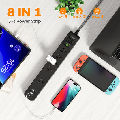 2 Pack Power Strip Surge Protector - 5 Widely Spaced Outlets 3 USB Charging Ports, 1875W/15A 6Ft Braided Extension Cord, Flat Plug Overload Protection, Wall Mount for Home Office Dorm Room Essentials
