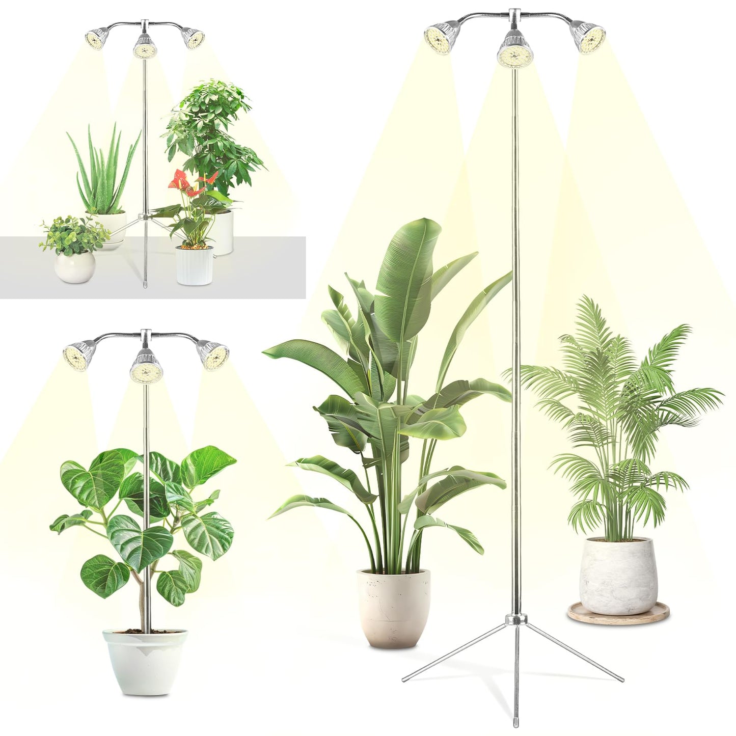 MEZHER Full Spectrum LED Grow Lights for Indoor Plants, 15-62" Height Adjustable with Aluminum Alloy Tripod &Auto On/Off Timer, Detachable Lamps, 3 Light Heads for Succulents, Seedlings, Herbs
