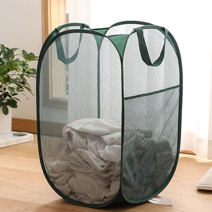 Pop Up Laundry Hamper Thick Mesh Collapsible Laundry Baskets, Large Side Pocket