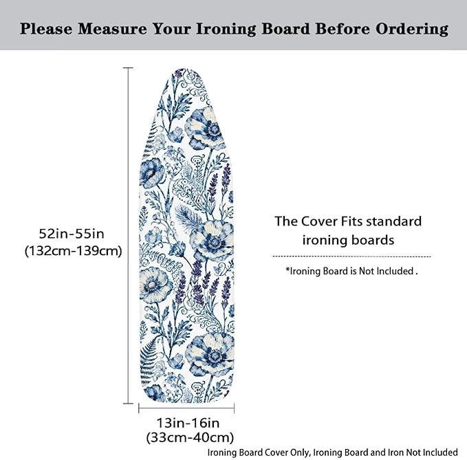 Blue Floral Print Ironing Board Cover Heavy Duty Thick Padding Iron Board