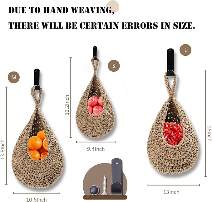 Hanging Fruit Large Basket Set of 3, Boho Wall Hanging Storage Basket