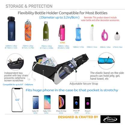 AiRunTech Upgraded No Bounce Hydration Belt Can be Cut to Size Design Strap for Any Hips for Men Women Running Belt with Water Bottle Holder Pocket Fits Smartphones Black Bottle diameter up to 3.2 in